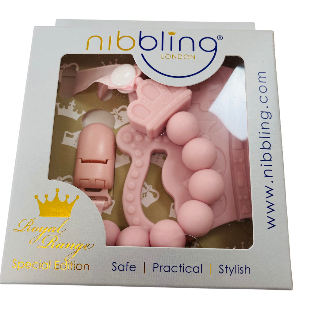 Nibbling Royal Collection Crown Teether & Dummy Clip Baby Pink