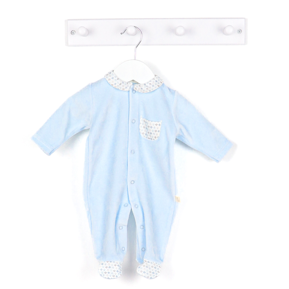 Baby Gi Ethan Blue Clover Velour Pocket Sleepsuit