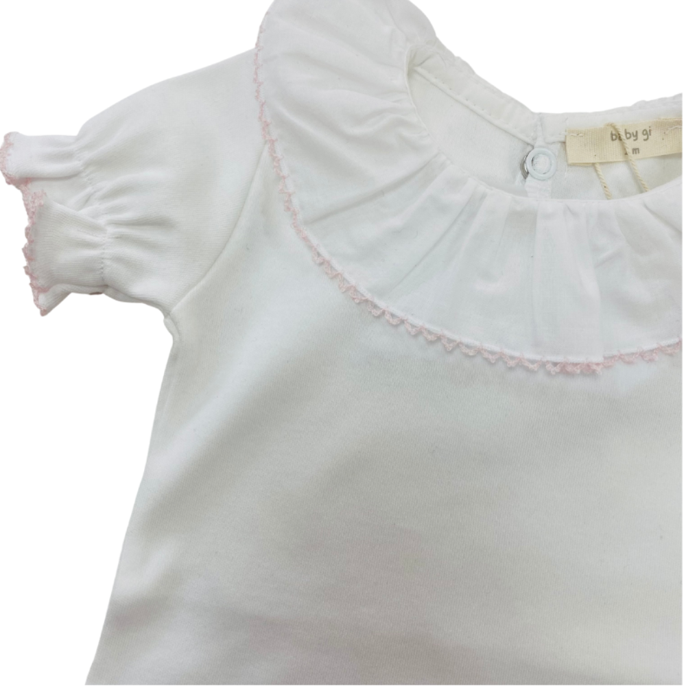 zBaby Gi Short Sleeved Bodysuit with Pink Trim Collar