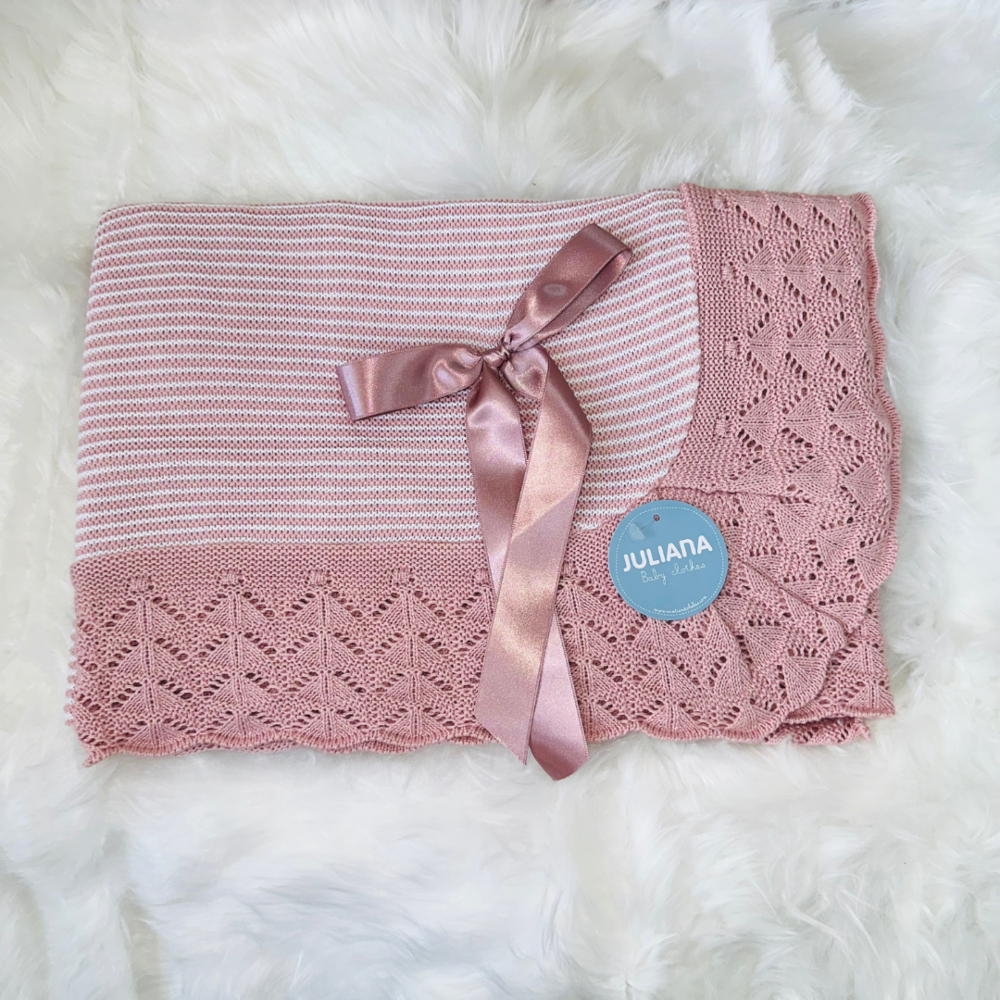 Juliana Blush & White Knitted Blanket With Bow