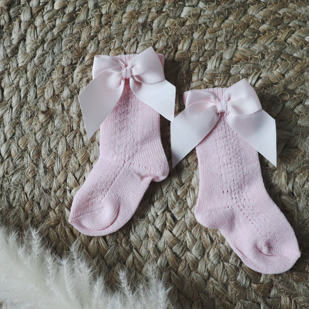 Meia Pata Baby Pink Grosgrain Bow & Pom Pom Knee Socks