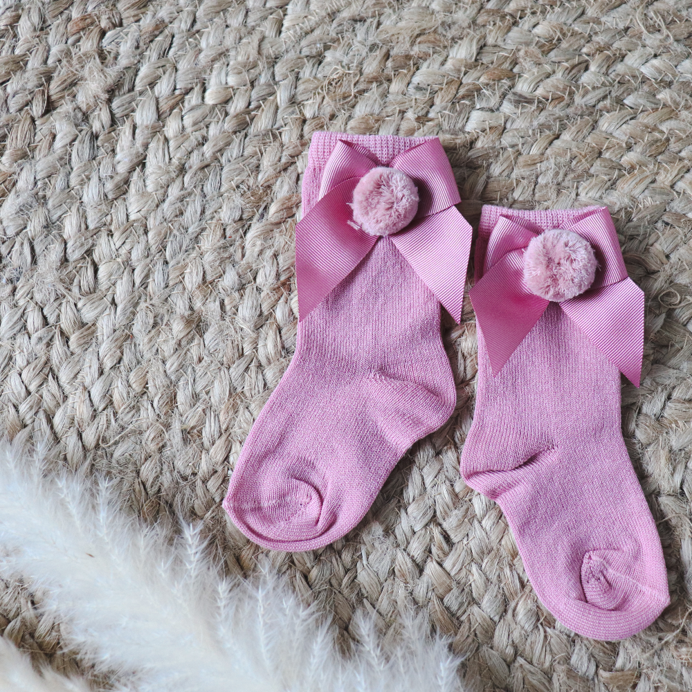 Meia Pata Baby Old Pink Bow & Pom Pom Knee Socks
