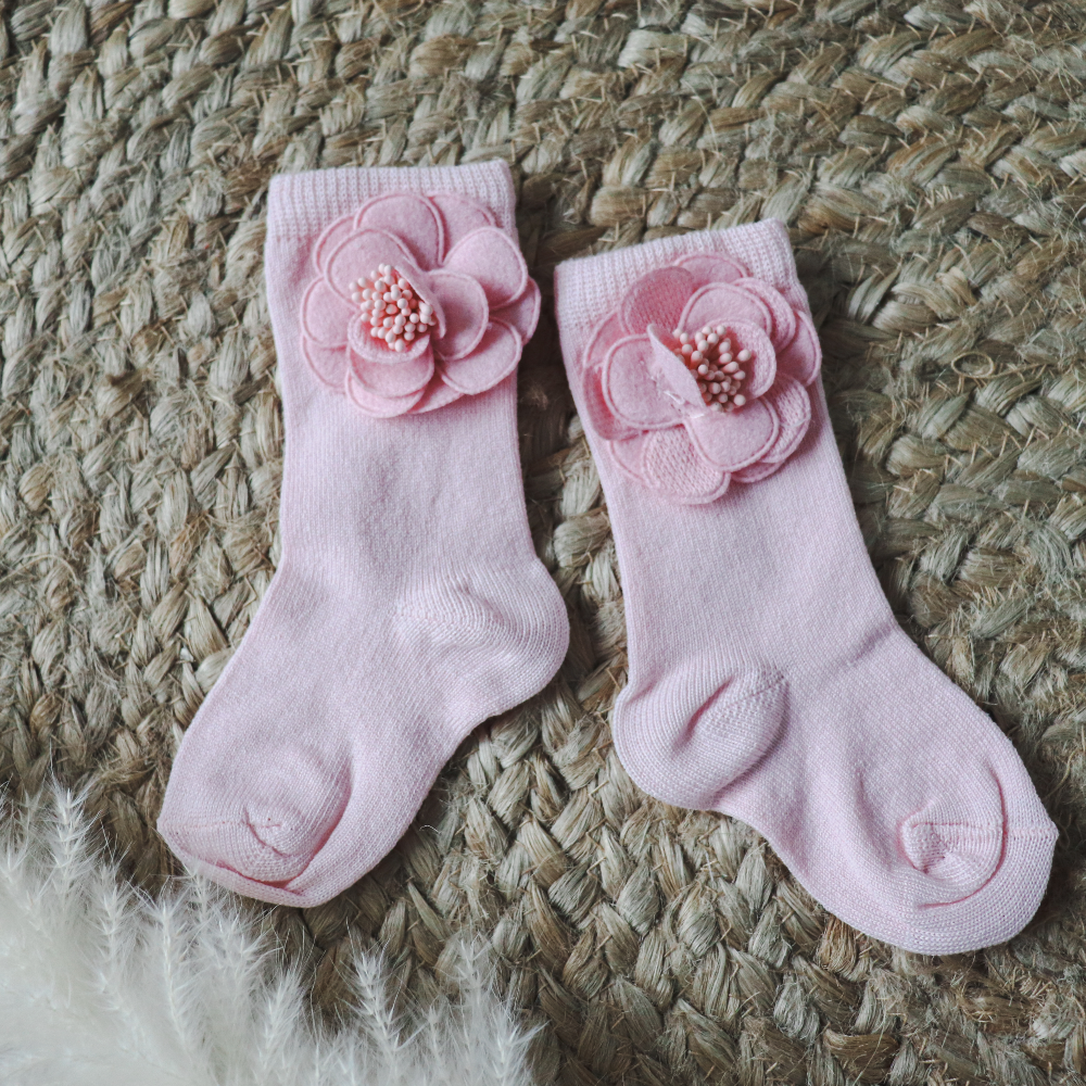 Meia Pata Baby Pink Flower Knee Socks