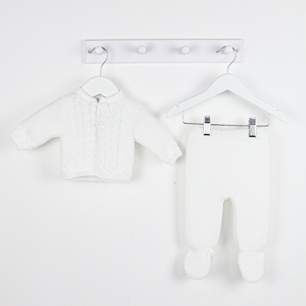 White Knitted Button Loop Jacket & Pants